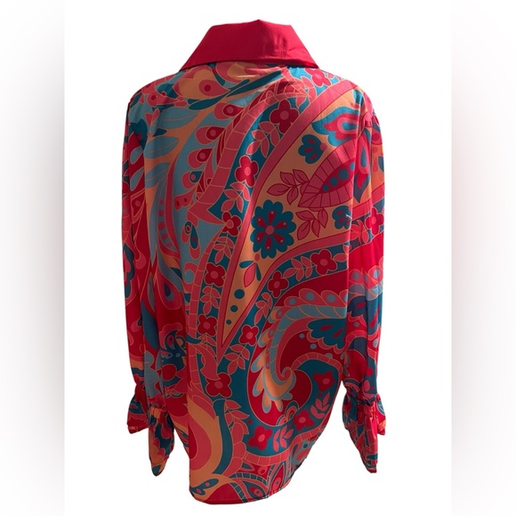 Vibrant Hot Pink, Teal, Light Blue Floral Women's Top Size L - Picture 4 of 8